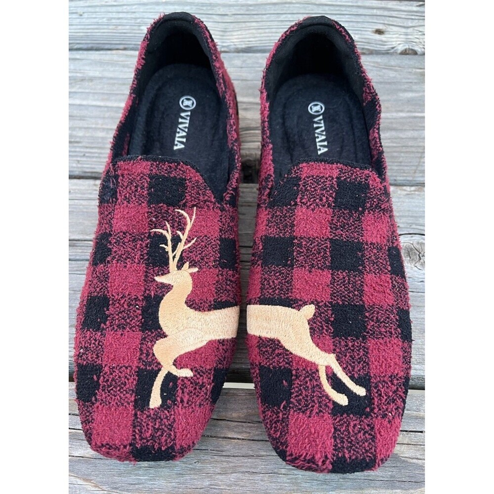 Vivaia Samantha Women's 40.5 US 9-9.5 Square Toe Mink-Knit Flats Red Plaid Deer